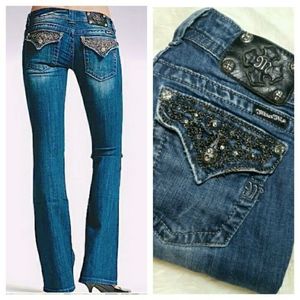 Miss Me chain rhinestone embellished flap pocket bootcut jeans